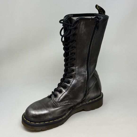 Dr Doc Martens 10183 Combat Boots Womens 7 Silver 14 Eyelet Zip Lace Up Goth - Picture 9 of 15